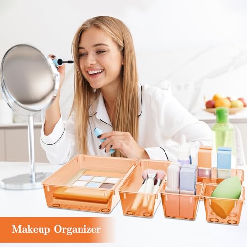 SpaceHacks 25 PCS Plastic Drawer Organizer Set, 4-Size Versatile Organizer Trays & storage Bins for Makeup, Jewelry, and Gadgets in Bathroom, Bedroom and Office,Orange - color: Orange