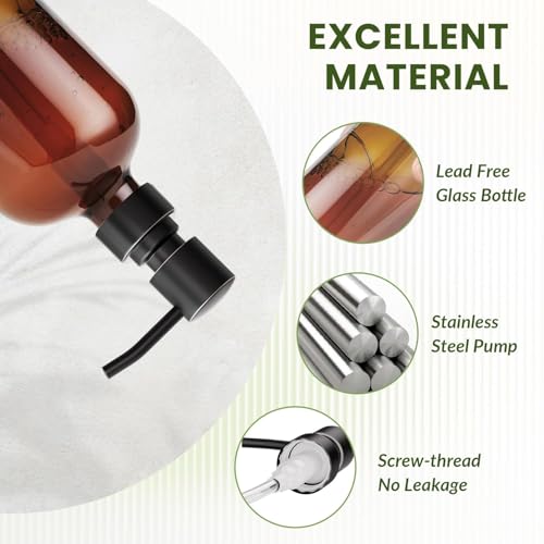 AmazerBath Amber Glass Soap Dispensers, 2 Glass Amber Pump Bottles, 17 Oz Dish Soap Dispenser, Kitchen Bathroom Hand Soap Dispensers for Hand Sanitiser, Shampoo, Lotion, Shower Gel Conditioner - color: Brown