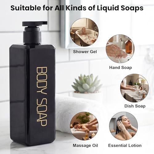 Shampoo and Conditioner Dispenser Shower Soap Bottles 3 Pack 550ml/18.6oz Refillable Shampoo Pump Bottle Dispenser Plastic Empty Body Wash Dispensers with Stylish Permanent Labels for Bathroom (Black) - color: Black