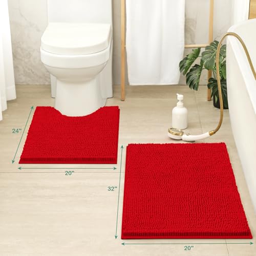 HOMEIDEAS Bathroom Rugs Set 2 Pieces, Ultra Soft Non Slip Absorbent Chenille Toilet Bath Mat Set (Red) - color: Red-red, size: 1'8" x 2'8" (U Shape 20"x24"+20"x32")