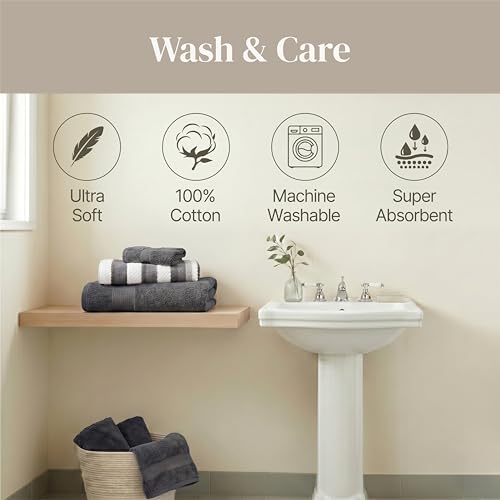 Modern Threads Pax 6-Piece Reversible Yarn Dyed Jacquard Towel Set - Bath Towels, Hand Towels, & Washcloths - Super Absorbent & Quick Dry - 100% Combed Cotton, Coal - color: Grey, style: Wide Stripe