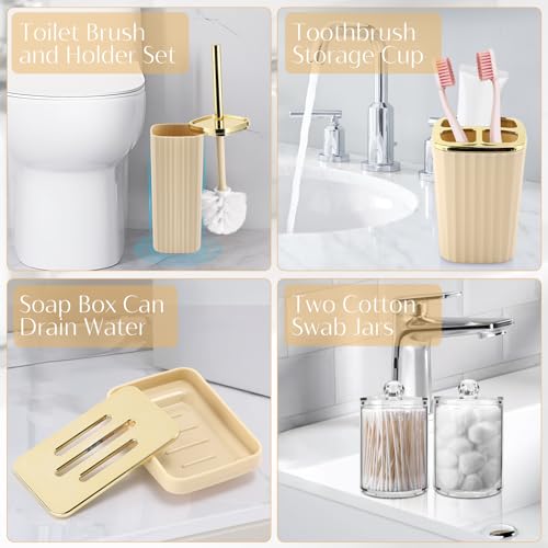 17PCS Bathroom Accessories Set, Beige Bathroom Set Bathroom Accessories Set with Trash Can, Toilet Brush, Toothbrush Holder, Qtip Holder & 3PCS Soap Dispenser - size: Bath Set with Press-Top Trash Can, style: Beige