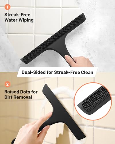 2-in-1 Silicone Shower Squeegee with Hook,Dual-Sided Design with Scraper & Scrub Surface,Rust-Proof Stainless Core,Streak-Free Bathroom Squeegee for Glass Doors,Mirrors,Windows,Car Windshields (Black) - color: Black