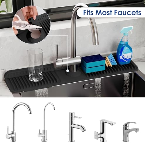 24 Inch Silicone Faucet Mat for Kitchen Sink Splash Guard - 7° Slope Upgraded Water Draining Mat with Fasten Button for Bathroom Area (Black, 24''x5.5'') - color: Black, size: 24''x5.5''