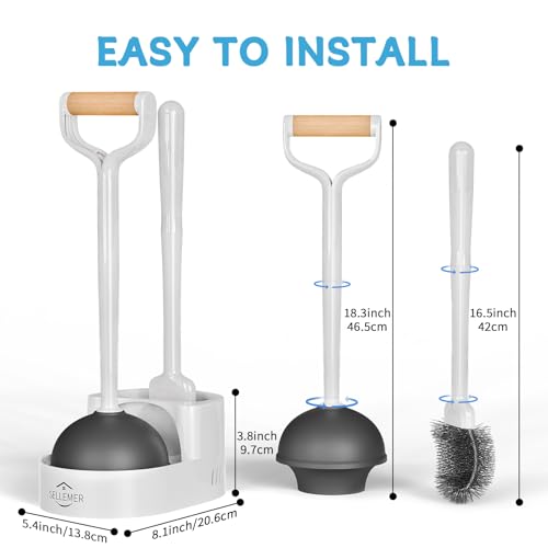 Sellemer Toilet Brush and Plunger Set, Curved Head for Deep Cleaning, White | Brush and Plunger set, Curved Nylon Bristles for Deep Clean, Strong Suction Plunger, Ventilated Holder for Quickly Air Dry - color: White