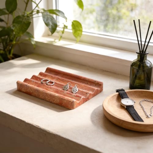 Karibiber Travertine Soap Dish, Red Marble Bar Soap Holder Shower, Bathroom Soaps Saver, Easy Cleaning Natural Stone Sponge Holder for Kitchen Sink, Executive Jewelry Ring Tray - color: Red