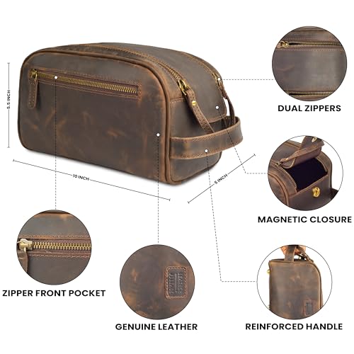 LEATHER VILLAGE Genuine Leather Toiletry Travel Bag With Waterproof Lining - Brown | King-Size Handcrafted Vintage Dopp Kit Bag, Shaving & Bathroom Organizer, Gift for Men & Women - color: Distressed Brown