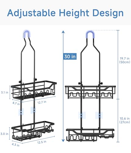 Upgraded Extended Length Shower Organizer with Hooks, Rustproof Shampoo Soap Holder, Large Hanging Bathroom Caddy - color: Black - 2 Tier - Standard