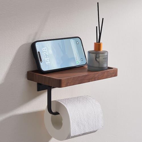 Walnut Wood Toilet Paper Holder with Phone Shelf, Adhesive or Drill Installation Bathroom Washroom Wall Mount Wooden Toilet Tissue Roll Holder with Shelf for Hold Wipes, Cell Phone (Concave) - color: Concave Surface