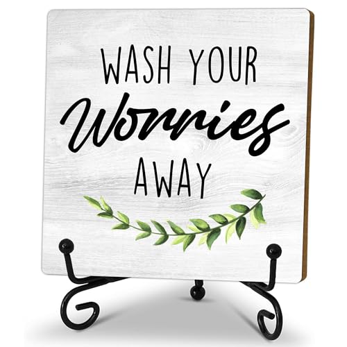 Sage Green Laundry Decor, Wash Your Worries Away Sign, Funny Bathroom Laundry Room Sink Shelf Decor, Guest Bathroom Decoration, Funny Toilet Washroom accessories and Decor（5 Inches）-A21 - color: grey