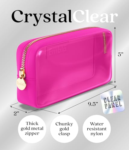 Embla Clear Cosmetic Bag Makeup Case, Clear Zipper Make Up Pouch and Toiletry Travel Tote, Cute Skincare Pouches for Women Girls, Preppy Purse Cosmetic Organizer, Small Makeup Bags, Fuchsia | Small Pink Clear Nylon/PVC Cosmetic Bag with Zipper, Waterproof