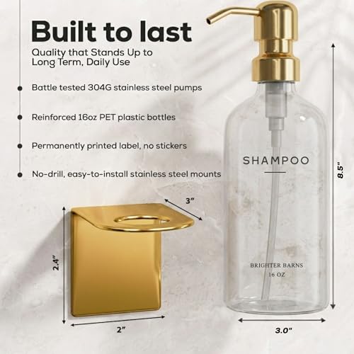 Luxury Shampoo and Conditioner Dispenser Set Wall Mounted by Brighter Barns - No-Drill Shower Soap Dispenser Set & Stainless Steel Pumps - Refillable Shampoo Bottles - Gold Bathroom Decor (Clear Gold) - color: Modern (Clear Gold)