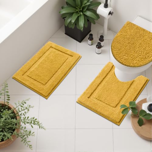 SHACOS 3 Pieces Bathroom Rugs with Toilet Lid Cover, Honey Mustard | Soft Absorbent, Non Slip, Washable, Microfiber, 16"x24"+U-Shape 20"x24"+Lid Cover19"x21" - color: Honey Mustard, size: 16"x24"+U-Shape 20"x24"+Lid Cover 19"x21"