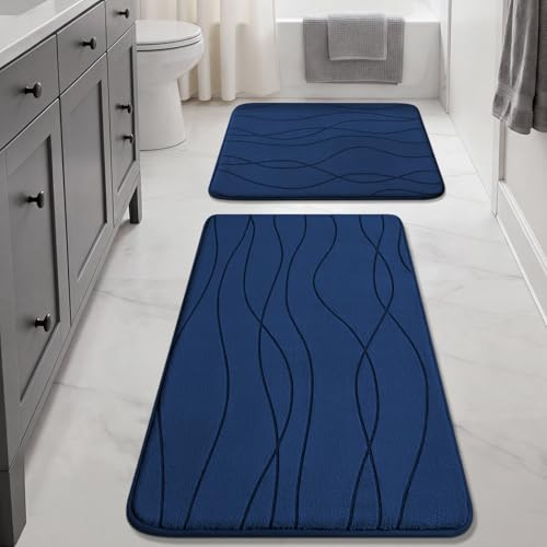 YIHOUSE Bathroom Rugs Set 2 Piece, Memory Foam Bath Mat Navy Blue | 17x24& 20x32, Ultra Soft, Absorbent, Non-Slip, Machine Washable, for Bathroom, Sink and Toilet - color: Dark Blue, size: 2'8" x 1'8" (Rectangular)