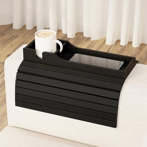 SpaceAid Bamboo Couch Cup Holder, Anti Falling Foldable Sofa Armrest Tray with Cup Holder, Couch Arm Side Table Organizer for Drink Cup Remote Snacks (Black) - color: Black, size: 16.5" x 13.4" x 2"