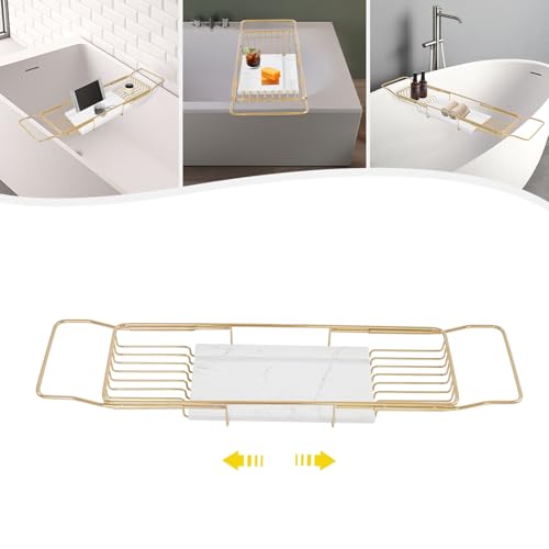 Bath Tray for Tub, Metal Bathtub Marble Tray Stainless Steel Bathtub Caddy Trays for Luxury Bath, 26.8-35.4in Adjustable Bathroom Tub Trays W/Marble Board Groove