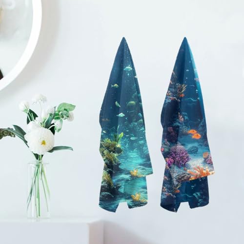 Deep Sea Hand Towels Set of 2, Underwater Ruins Seaweed Fantasy Ocean Bathroom Kitchen Towels Soft Absorbent Bath Fingertip Decorative Towel for Guest Gym Spa - color: Deep Sea