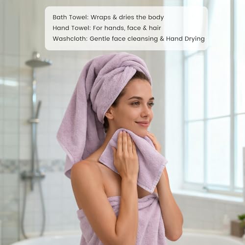 8-Piece Cotton Bath Towel Set with Hanging Loops for Bathroom, Purple | Complete starter set for daily showers, sink-side use, small bathrooms, and guest baths, OEKO-TEX certified, easy care - color: A06: Purple