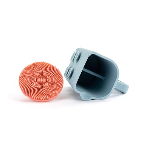DEMDACO Love to Play Collection Baby Bath Rinse Cup and Silicone Scalp Scrubber Set - Gentle Hair Washing Aid for Infants & Toddlers Soft Silicone Kids' Brush & Ergonomic Rinse Pitcher, Pink