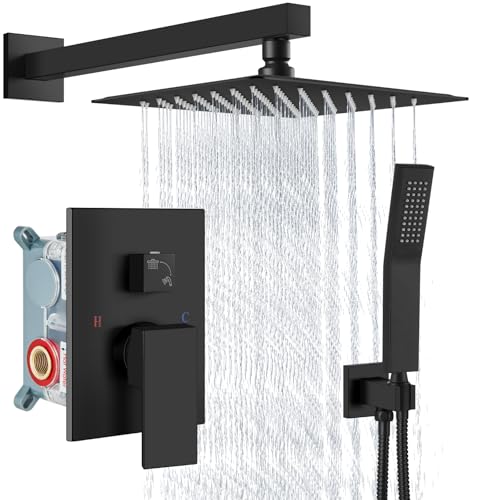 Aolemi Shower Faucet Set Rain Shower System with Handheld Spray Bathroom Shower Combo Rough-in Valve and Shower Trim Kit Included Matte Black 8 Inch Wall Mount Shower Head - color: Matte Black, size: 8 Inch Wall Mount Shower Head