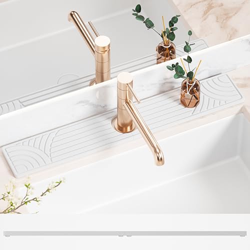Faucet Mat for Kitchen Sink, Water Absorbing Stone Tray for Sink, 23.6" Long Diatomite Fast Drying Stone Mat, Splash Guard Faucet Mat for Bathroom Counter - color: White