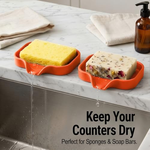 Zulay Kitchen Small Silicone Sponge Holder (4.9x3.3”) – Space-Saving Sink Organizer Tray for Sponge, Soap, Brush & More – Compact Non-Slip Dish for Kitchen & Bathroom (Orange) - color: Orange (Small), size: Small (4.9x3.3)