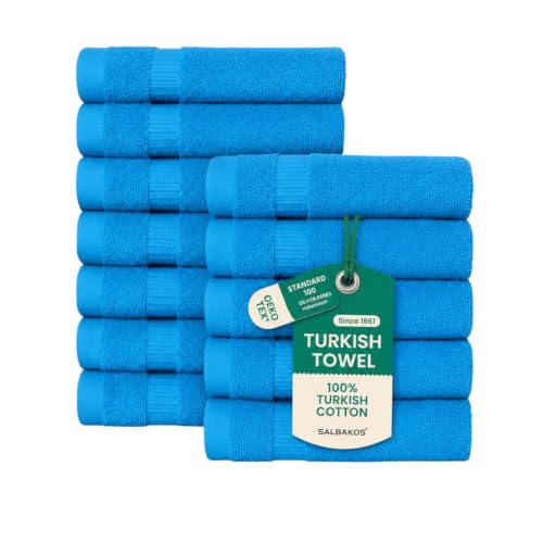 SALBAKOS 100% Turkish Cotton Washcloth Set of 12, 13x13 inch | Premium Quality | Hotel & Spa Collection | Ultra Soft, Super Absorbent, Wash Cloth Towels | Made in Turkey (Aqua, 12 Washcloths) - color: Aqua, size: 12 Washcloths