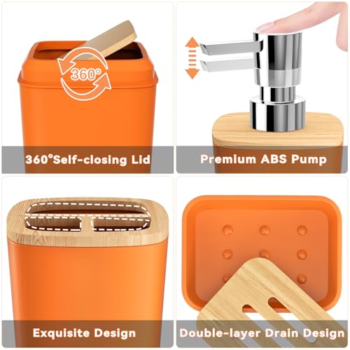 Orange Bathroom Accessories Set 9 Piece Bathroom Accessory Set with Trash Can,Toothbrush Holder,Toothbrush Cup,Lotion Soap Dispenser,Vanity Tray,Soap Dish,Toilet Brush,Qtip Holder - size: Bath Set, style: Orange