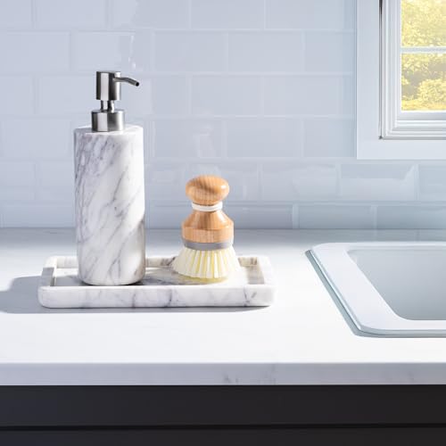 Cork & Mill Marble Soap Dispenser for Bathroom Countertop or Kitchen Sink, Real Natural White Stone with Stainless Steel Pump Top, Ideal for Lotion, Liquid Dish or Hand Soap, Modern Bath Accessories