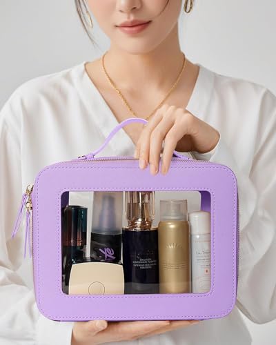 Travel Clear Makeup Bag Set, TSA Approved Cosmetic Bag Case with Zipper Portable Makeup Pouch Toiletry Bag Traveling Cosmetic Organizer Storage Bag Car Organizer Car Essentials - color: Mini + XL Luxe Purple