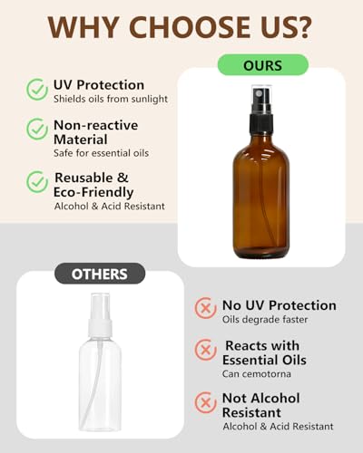 KEYWING 35 Pack Small Amber Glass Spray Bottles for Essential Oils, 4oz Empty Fine Mist Mini Spray Bottles, Refillable Containers for Hair, Travel, Plants, Cleaning, Skin Care - size: 4oz