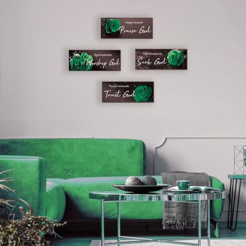 ONIZHITY 4Pcs Green Bathroom Decor Religious Wall Art Bible Verse Inspirational Rose Wall Decor Rustic Wooden Christian Sign for Home Bathroom Office Bedroom Living Room Kitchen(Green 10x4) - color: Green Rose