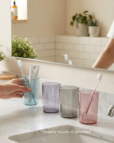 4 Pack Bathroom Tumbler Toothbrush Cups, Unbreakable Toothbrush Holders, Reusable Drinking Cups, Plastic Mouthwash Cup, Stackable Bathroom Brushing Cup 300ml(Red, Purple, Blue, Grey)