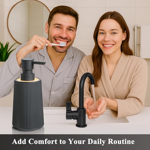 Black Hand Soap Dispenser Set with Bamboo Decor and No Rust Pump for Bathroom and Kitchen Countertops Refillable Striped Matte Plastic 8.5 oz - color: Black Bamboo Set of 2
