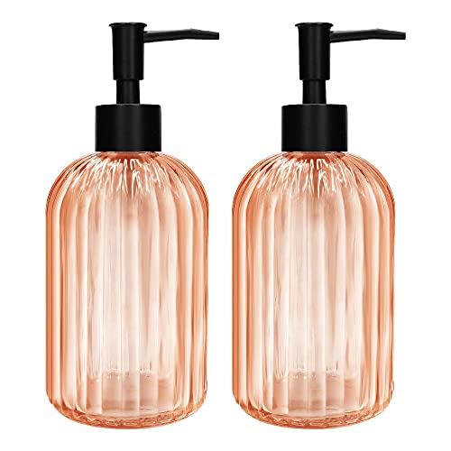 Pack of 2 Glass Soap Dispenser with Black Pump, 400 ml Refillable Pump Dispenser for Kitchen, Bathroom, Laundry Room, Liquid Glass Bottle for Washing Up Liquid, Shampoo, Conditioner (Orange) - color: Orange