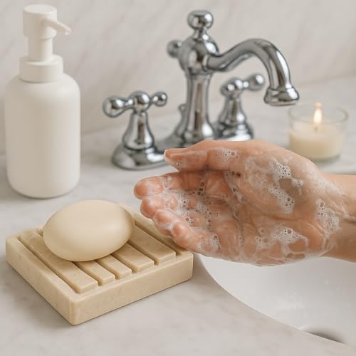 Creative Home Natural Champagne Marble Soap Dish, Beige, 5.2" x 4" | Handcrafted Stone, Non-Slip Base, Spa Collection Accessory, For Bathroom or Kitchen Sink - style: Soap Dish