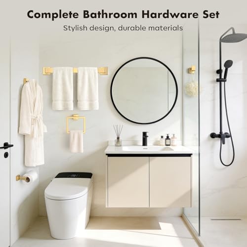 Bathroom Accessory Towel Bar Set: 10 Pieces Gold Square Bathroom Hardware SUS304 Stainless Steel - 24 Inch Wall Mounted Towel Rack&Toilet Paper Holder&Towel Ring and Towel Hook - color: Gold, size: 24inch 10 Pieces