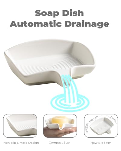 Soap Dish with Waterfall Design, Ceramic Soap Holder Self Draining Bar Soap Saver for Sink Bathroom Shower Kitchen to Keep Organized and Clean, White - color: White, size: Rectangular