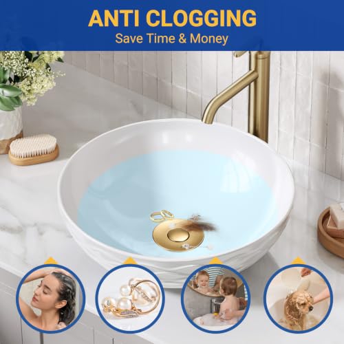 Bathroom Sink Drain Strainer, Pop-Up Bathroom Sink Stopper with Removable Stainless Steel Hair Catcher Basket, Universal Fit for US Bathroom Sinks, Showers & Floor Drains (2pcs-Gold) - color: 2pcs-gold