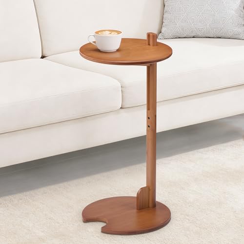Bamboo C Shaped Side End Table 18–26" Height Adjustable for Sofa | Round Slide Under Couch TV & Snack Tray, Mid Century Modern Laptop Desk for Small Spaces Living Room Bedroom Bedside - color: Walnut