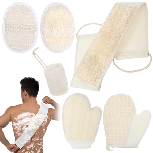 Natural Loofah Sponge Set, 6-Pack Exfoliating Body Scrubber Pads & Back Scrubber & Glove Luffa Sponge Pads, White for Men and Women