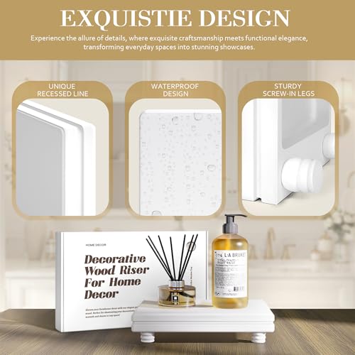 EOSAHR Decorative Pedestal Stand for Home Decor – Farmhouse Bathroom Counter Organizer & Soap Holder for Bathroom Sink - Small Wooden Tray for Kitchen & Bathroom Decor (White) - color: White