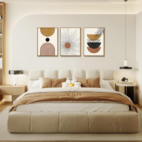 Bwodke Boho Wall Art, Framed Abstract Sun Wall Art, Neutral Canvas Wall Decor, Mid Century Geometric Line Pictures Set of 3, Minimalist Paintings, for Bedroom Living Room Bathroom 16"x24" - color: Boho Sun, size: 16"x24"Natural