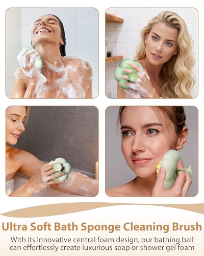 4 Pcs Bath Sponge, 2026 Upgrade Super Soft Yellow Flower-Shaped Suction Cup Bath Sponge, Upgraded 2-in-1 Flower-Shaped Ball Exfoliating Bath loofah Cleaning Brush, Mesh Shower Body Sponger4 Color - style: White+Pink+Green+Light Pink
