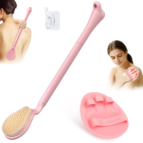Back Scrubber for Shower & Silicone Bath Glove Set, 19’’ Detachable Long Handle Body Scrubber Wet or Dry Brush, Adjustable 2-in-1 Back & Body Brush with Soft Bristles for Deep Cleaning(Pink) - color: Back Scrubber-pink