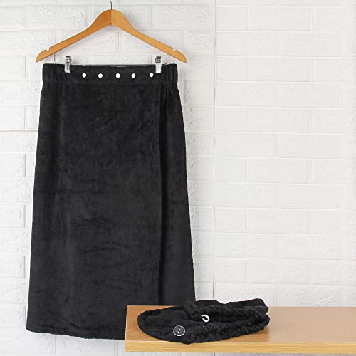Super Absorbent Quick Dry Spa Bath Wrap Shower Skirt and Hair Drying Turban - 2pc Set (One-Size, Black) - color: Black