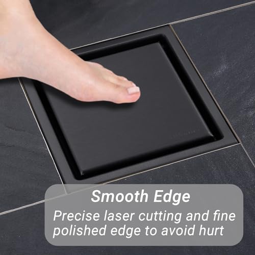 4 Inch Shower Floor Drain, SUS304 Stainless Steel Square Bathroom Floor Drain with Flange Reversible 2-in-1 Cover Insert Tiles for Filtering, Matte Black - color: Matte Black, size: 4 inch-Reversible