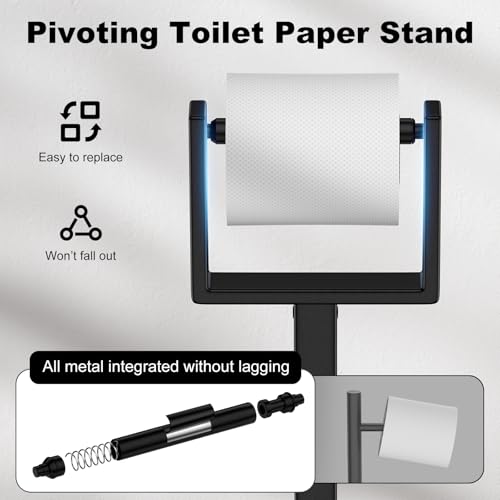 Black Toilet Paper Holder Stand，Stainless Steel Toilet Paper Holder Free Standing，Stable Weighted Base Floor Tissue Roll Holder for Bathroom，Modern Pivoting Toilet Paper Stand - color: Black