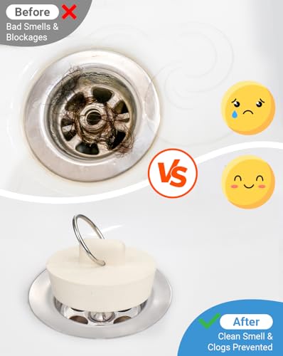 3 Pack Rubber Drain Stopper for 1-1/2 Inch Sink & Bathtub, Bathroom & Kitchen Sink Plug with Hanging Ring, Durable Bathtub Drain Stopper for Bath, Shower, and Laundry, White