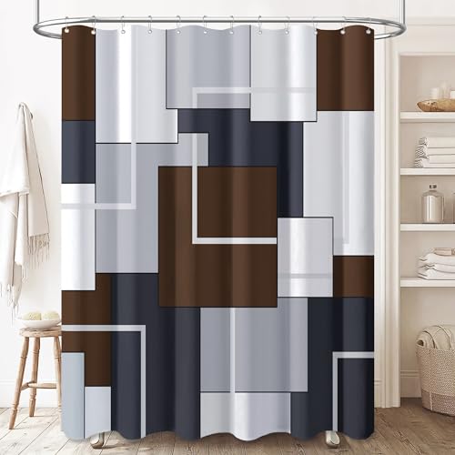 BTTN Stall Fabric Shower Curtain - 54 x 78 Inches Long Geometric Waterproof Cloth Shower Curtain Set with 10 Plastic Hooks, Narrow Modern Hotel Abstract Polyester Shower Curtains for Bathroom - Brown - color: Brown, size: 54"W x 78"L (Pack of 1)